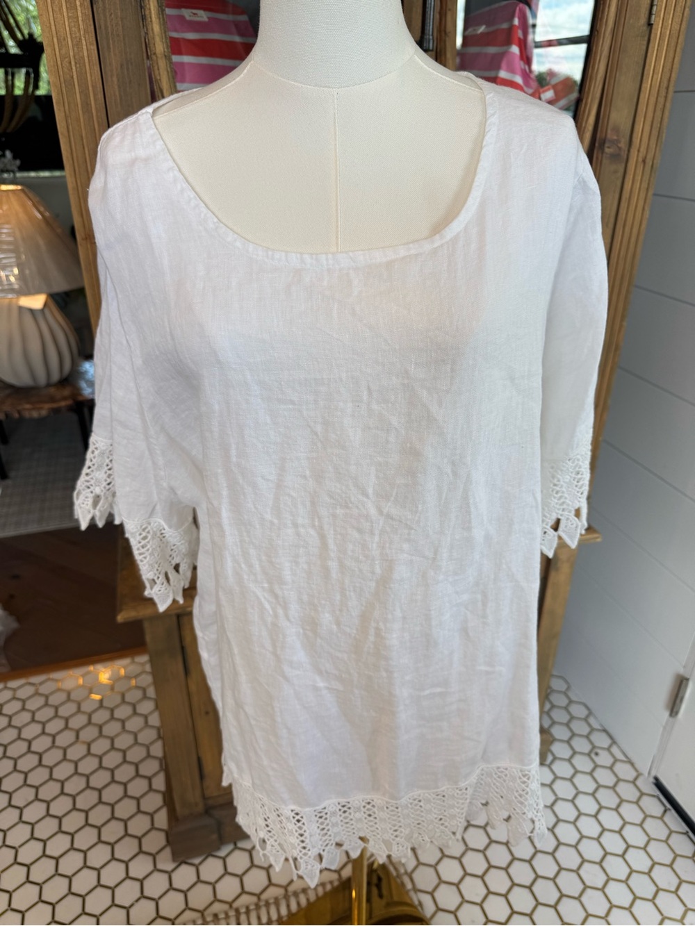 White Linen Crochet-Trim Tunic Top